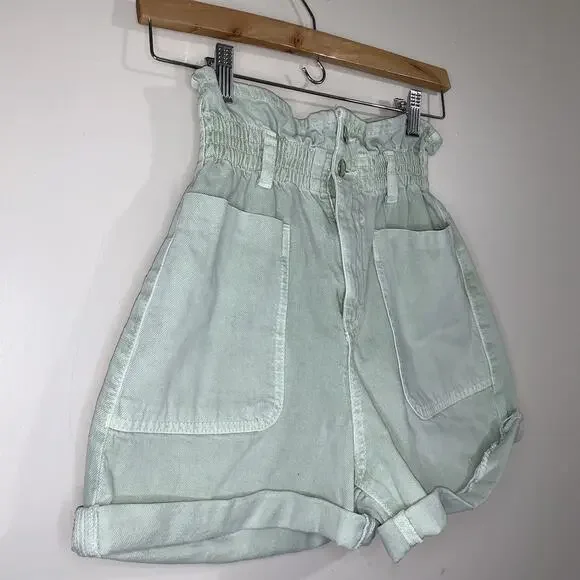 ZARA High Waisted Pastel Green 100% Cotton Women Paper Bag Shorts Size US 2 - Picture 2 of 10